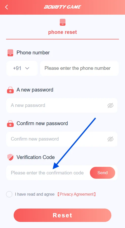  Enter the verification code to reset password